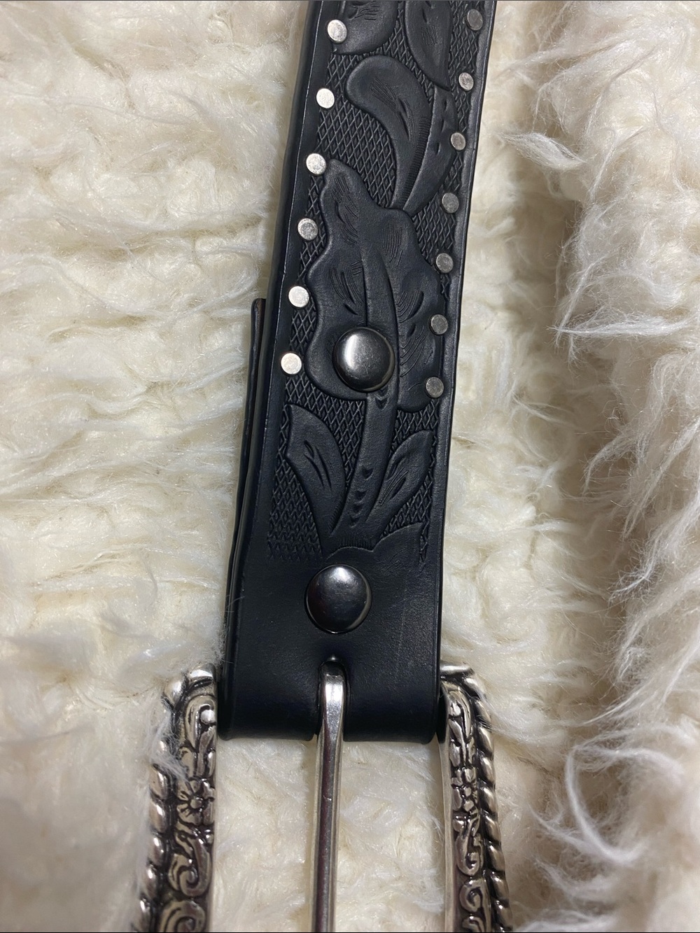 Ariat Black Genuine Leather Western/Biker Belt with Ornate Silver Buckle - Picture 6 of 11